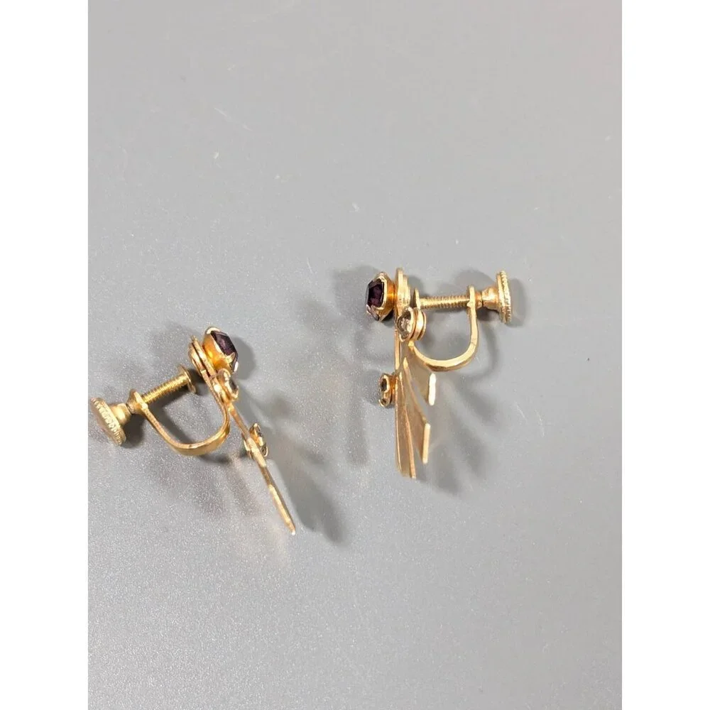 Vintage‎ Gold Tone Art Deco Fan Purple Smokey Rhinestone Screw Back Earrings